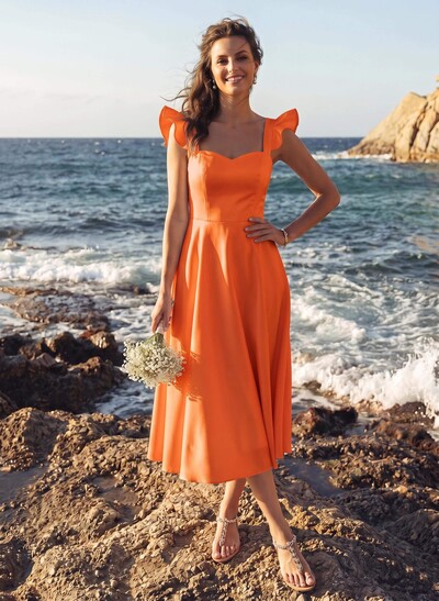 A-Line Square Neckline Sleeveless Tea-Length Satin Bridesmaid Dresses With Ruffle