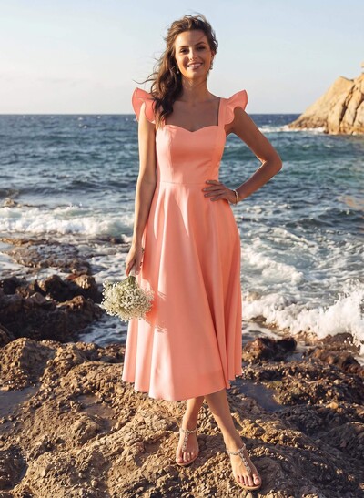 A-Line Square Neckline Sleeveless Tea-Length Satin Bridesmaid Dresses With Ruffle
