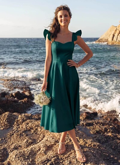 A-Line Square Neckline Sleeveless Tea-Length Satin Bridesmaid Dresses With Ruffle