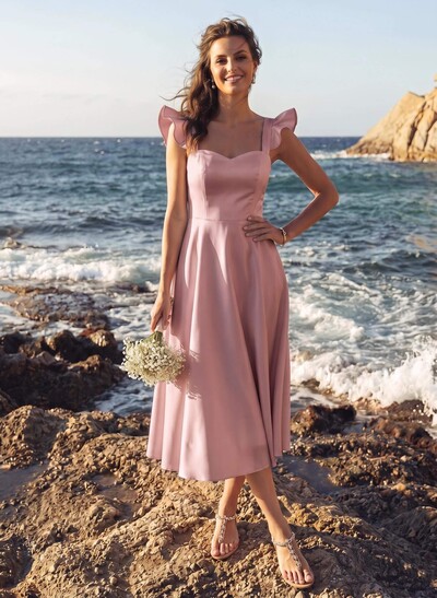 A-Line Square Neckline Sleeveless Tea-Length Satin Bridesmaid Dresses With Ruffle