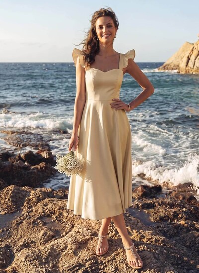 A-Line Square Neckline Sleeveless Tea-Length Satin Bridesmaid Dresses With Ruffle
