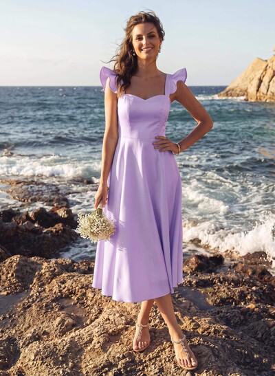 A-Line Square Neck Sleeveless Midi Satin Bridesmaid Dresses With Ruffles