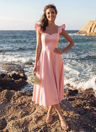 A-Line Square Neckline Sleeveless Tea-Length Satin Bridesmaid Dresses With Ruffle