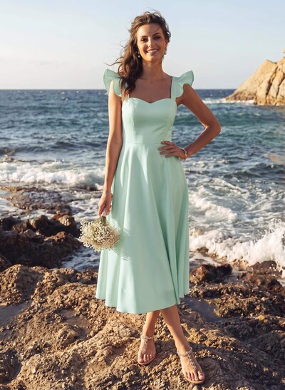 A-Line Square Neckline Sleeveless Tea-Length Satin Bridesmaid Dresses With Ruffle