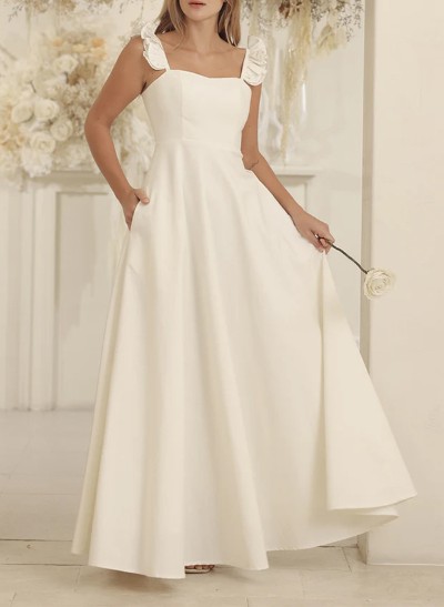 A-Line Square Neckline Sleeveless Satin Bridesmaid Dresses With Ruffle/Pockets