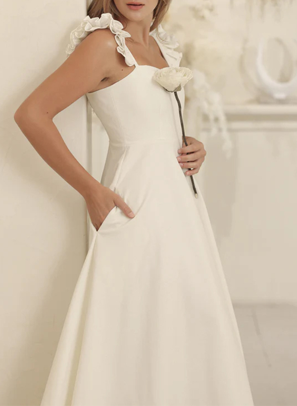 A-Line Square Neckline Sleeveless Satin Bridesmaid Dresses With Ruffle/Pockets