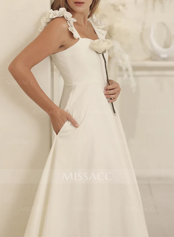 A-Line Square Neckline Sleeveless Elastic Satin Bridesmaid Dresses With Ruffle/Pockets