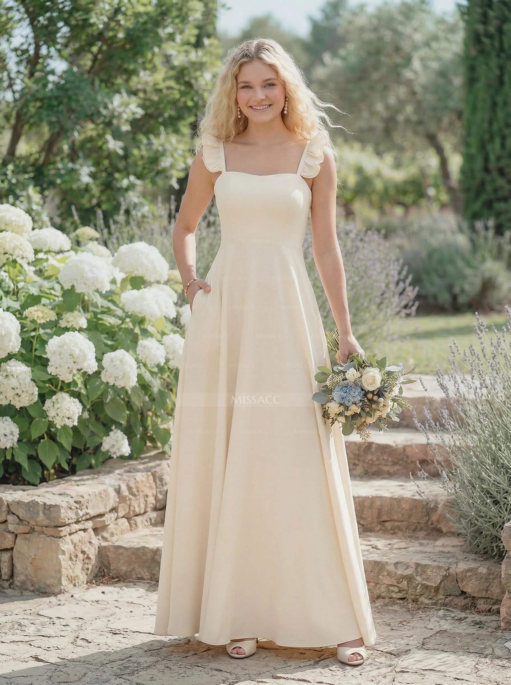 A-Line Square Neckline Sleeveless Elastic Satin Bridesmaid Dresses With Ruffle/Pockets