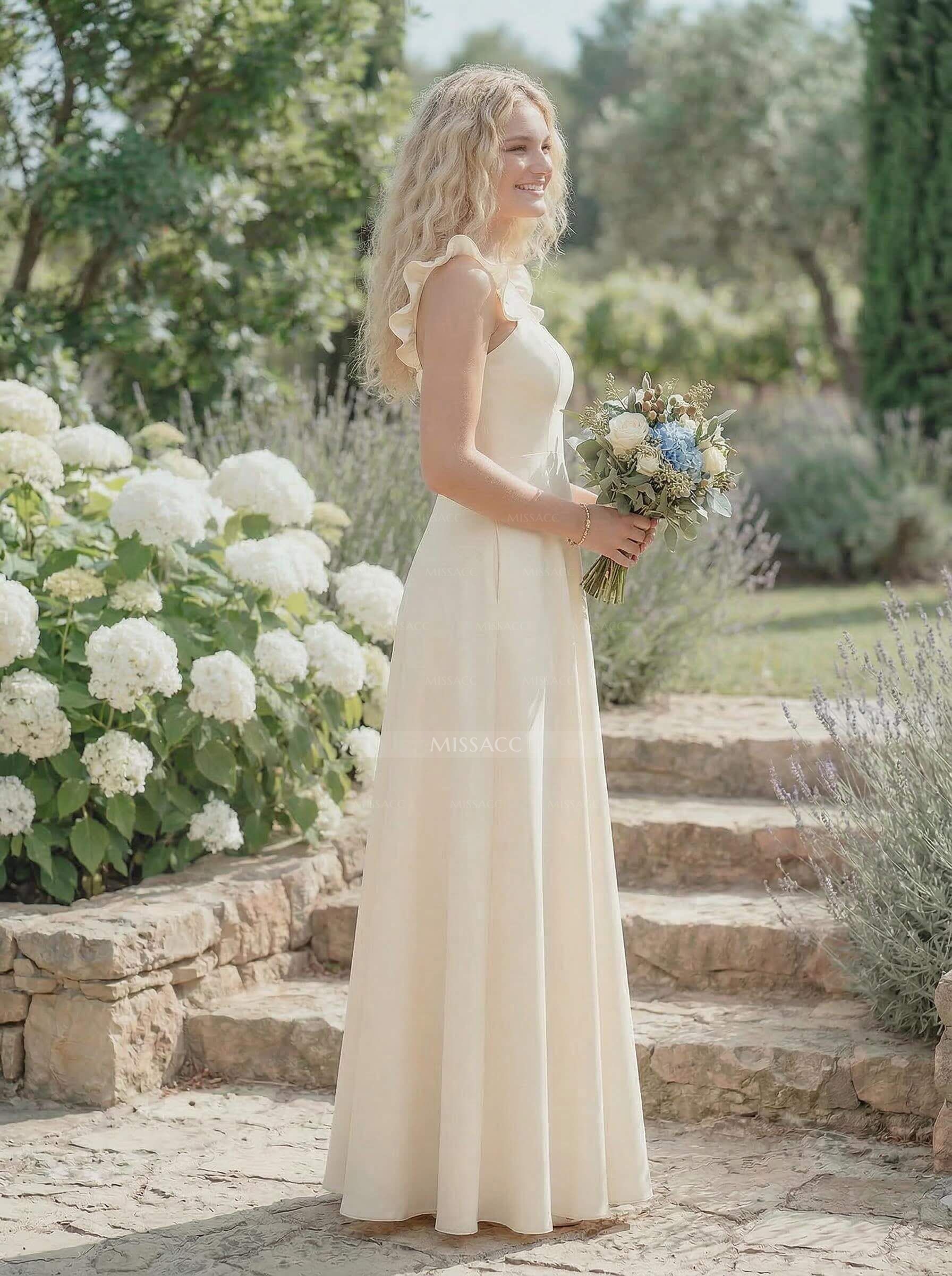 A-Line Square Neckline Sleeveless Elastic Satin Bridesmaid Dresses With Ruffle/Pockets