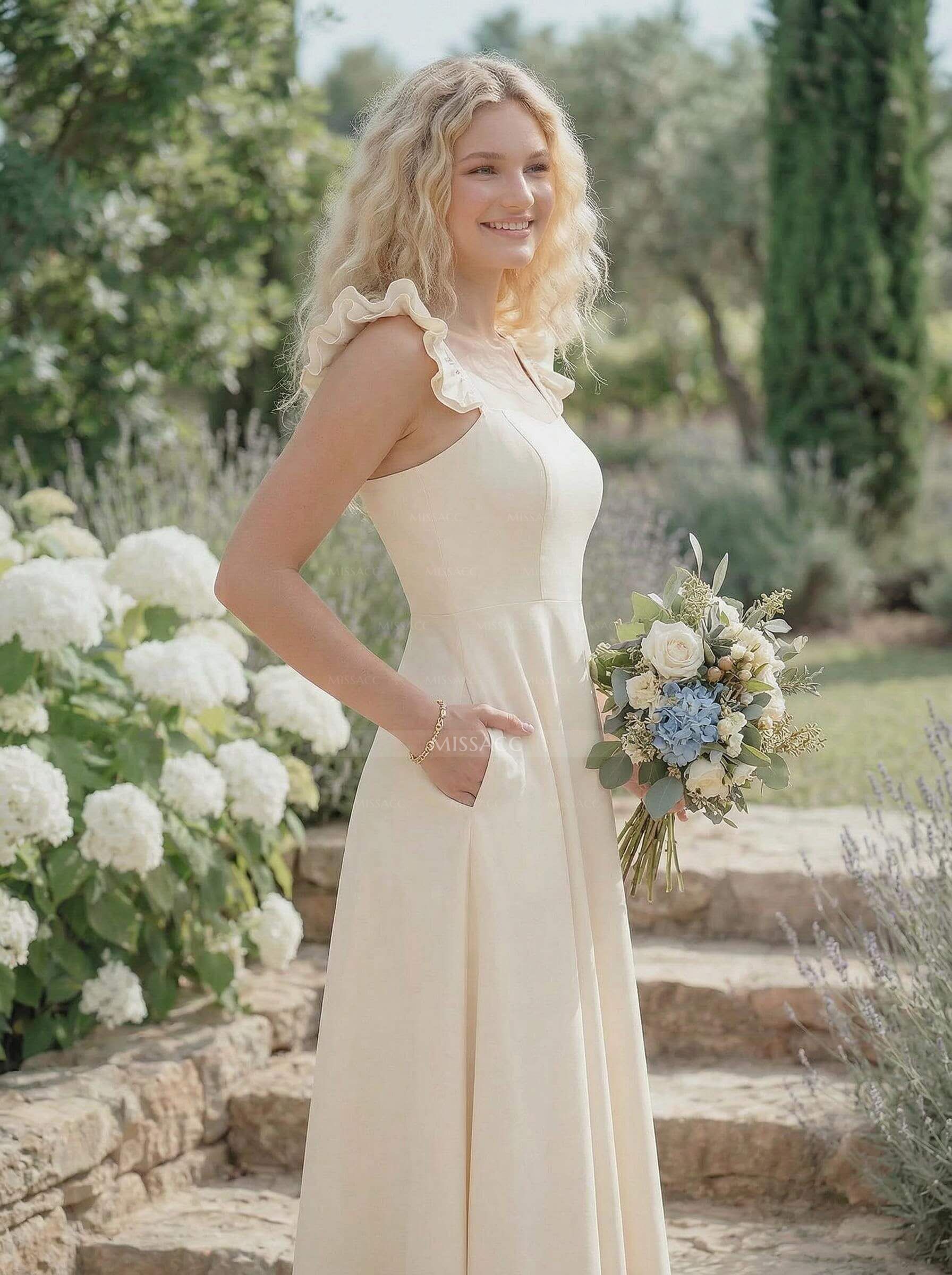 A-Line Square Neckline Sleeveless Elastic Satin Bridesmaid Dresses With Ruffle/Pockets