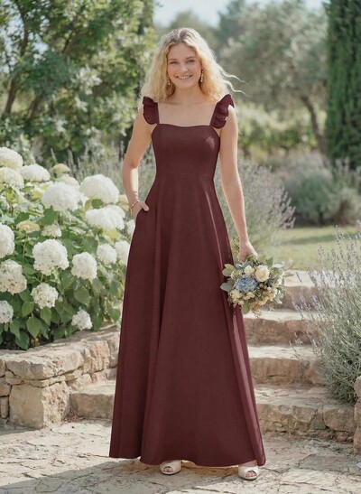 A-Line Square Neckline Sleeveless Elastic Satin Bridesmaid Dresses With Ruffle/Pockets