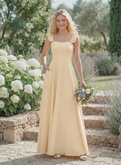 A-Line Square Neckline Sleeveless Elastic Satin Bridesmaid Dresses With Ruffle/Pockets