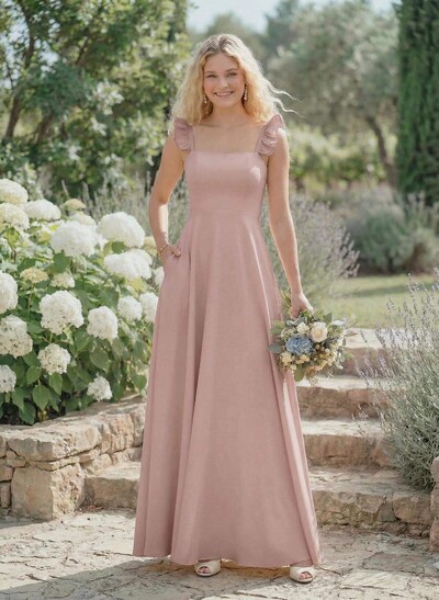 A-Line Square Neckline Sleeveless Elastic Satin Bridesmaid Dresses With Ruffle/Pockets