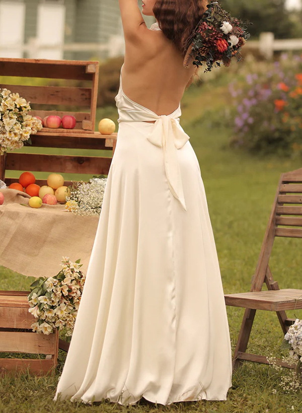 A-Line Halter Sleeveless Silk Like Satin Bridesmaid Dresses With Split Front