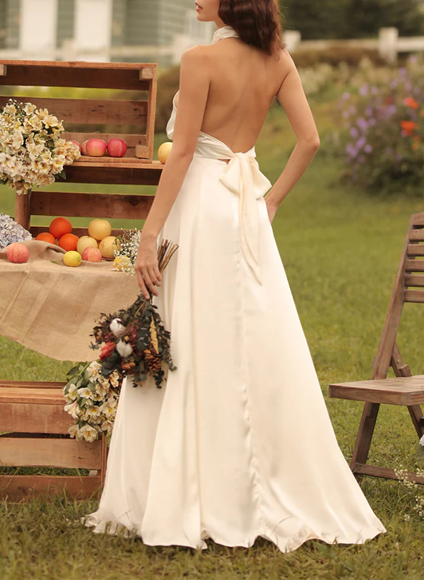A-Line Halter Sleeveless Silk Like Satin Bridesmaid Dresses With Split Front