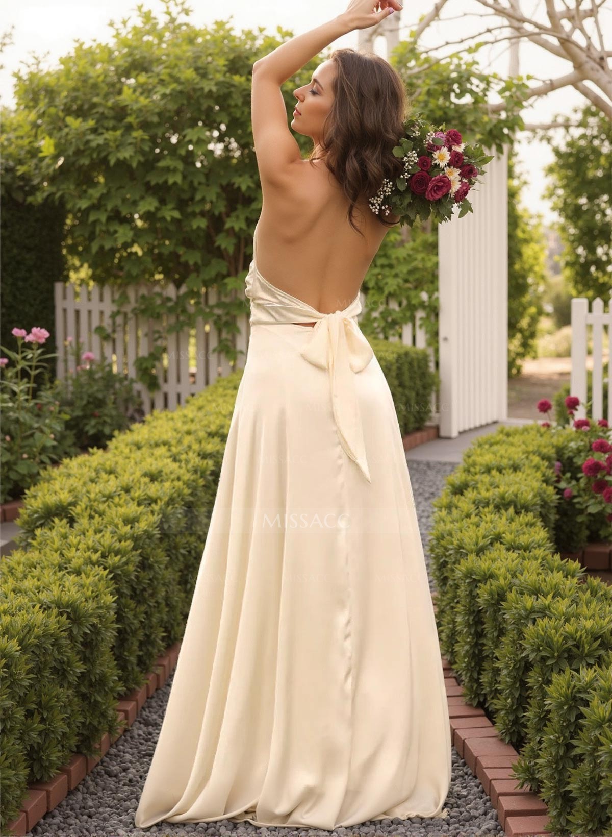 A-Line Halter Sleeveless Silk Like Satin Bridesmaid Dresses With Split Front