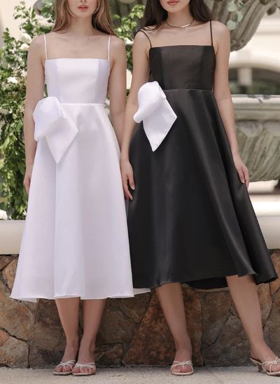 A-Line Square Neckline Sleeveless Tea-Length Satin Bridesmaid Dresses With Bow(s)