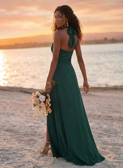 Sheath/Column Halter Sleeveless Elastic Satin Bridesmaid Dresses With High Split