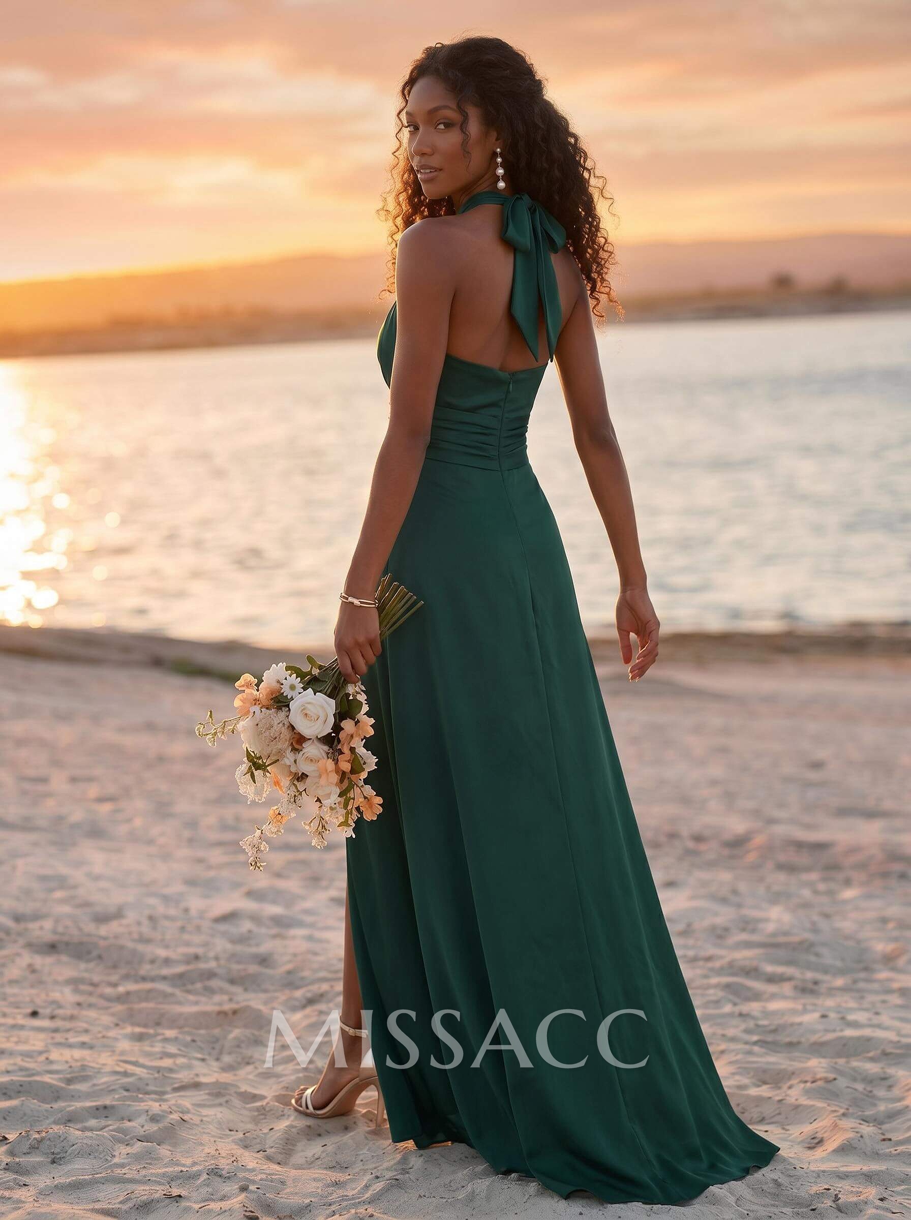 Sheath/Column Halter Sleeveless Elastic Satin Bridesmaid Dresses With High Split