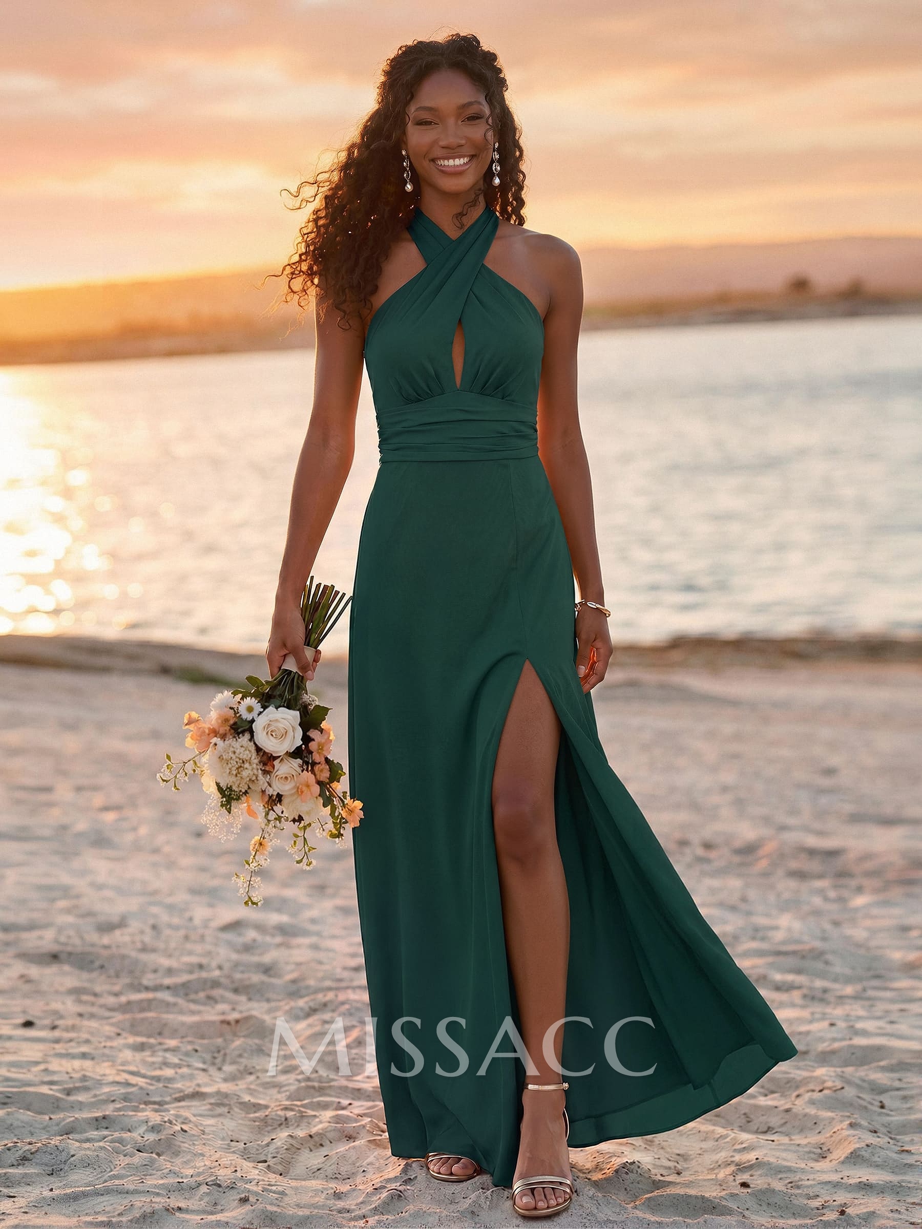 Sheath/Column Halter Sleeveless Elastic Satin Bridesmaid Dresses With High Split