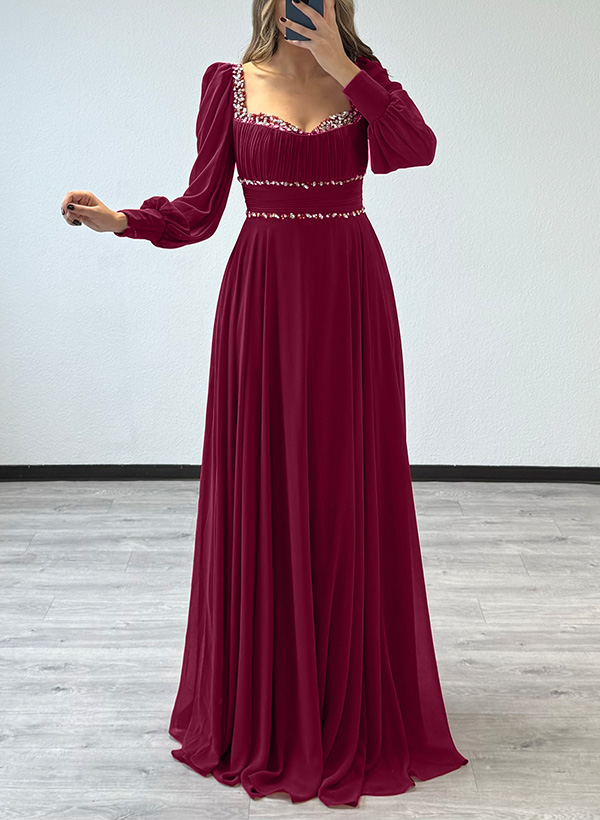 A-Line Sweetheart Long Sleeves Floor-Length Chiffon Bridesmaid Dresses