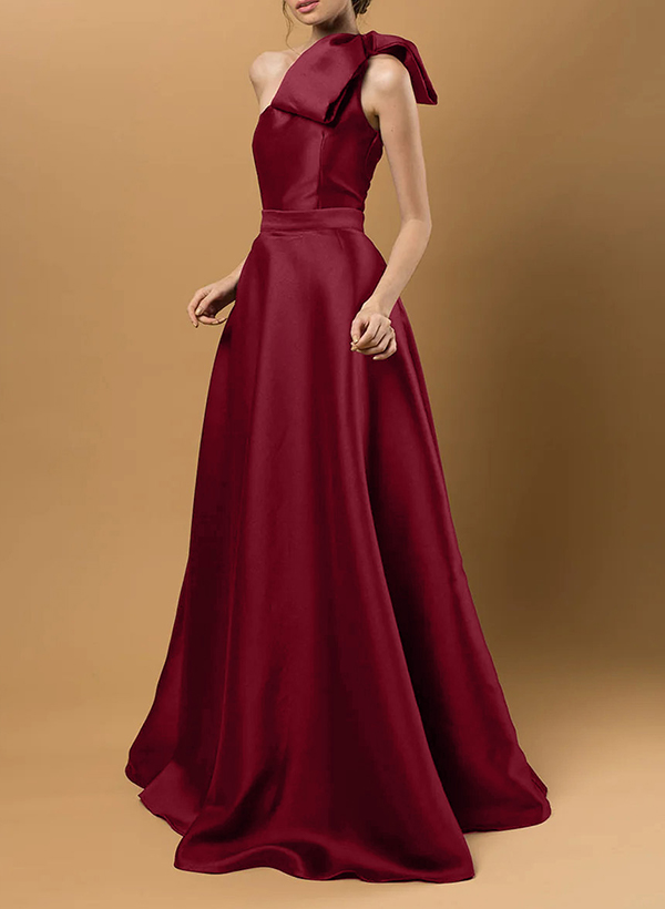 A-Line One-Shoulder Sleeveless Floor-Length Satin Bridesmaid Dresses With Bow(s)