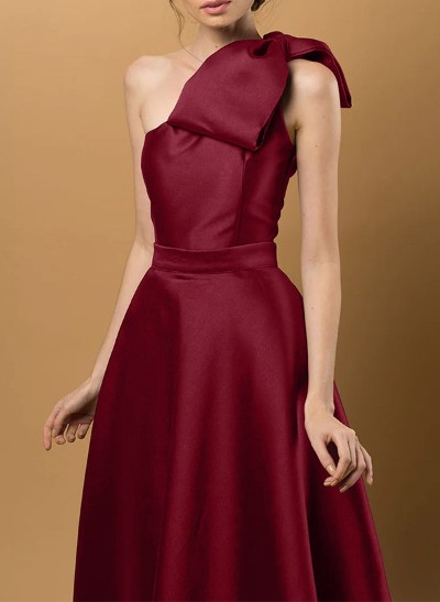 A-Line One-Shoulder Sleeveless Floor-Length Satin Bridesmaid Dresses With Bow(s)