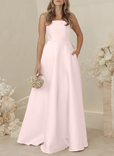 A-Line Strapless Sleeveless Sweep Train Satin Bridesmaid Dresses With Bow(s)/Pockets