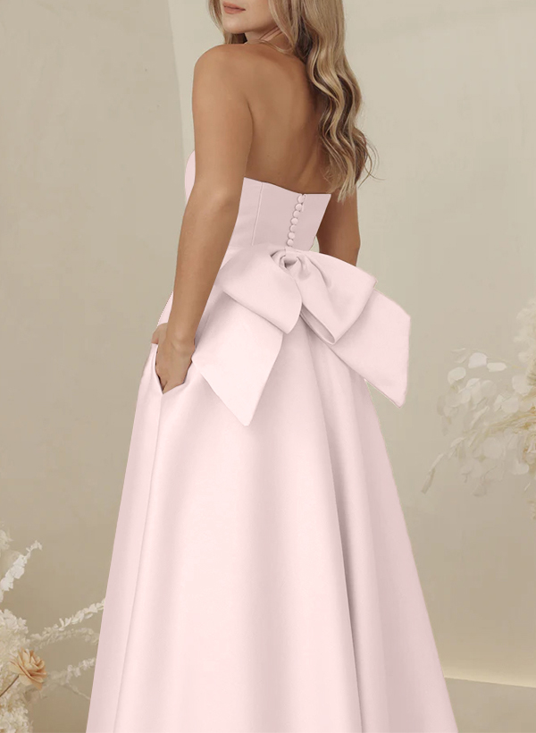 A-Line Strapless Sleeveless Sweep Train Satin Bridesmaid Dresses With Bow(s)/Pockets