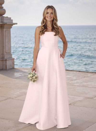 A-Line Strapless Sleeveless Sweep Train Satin Bridesmaid Dresses With Bow(s)/Pockets