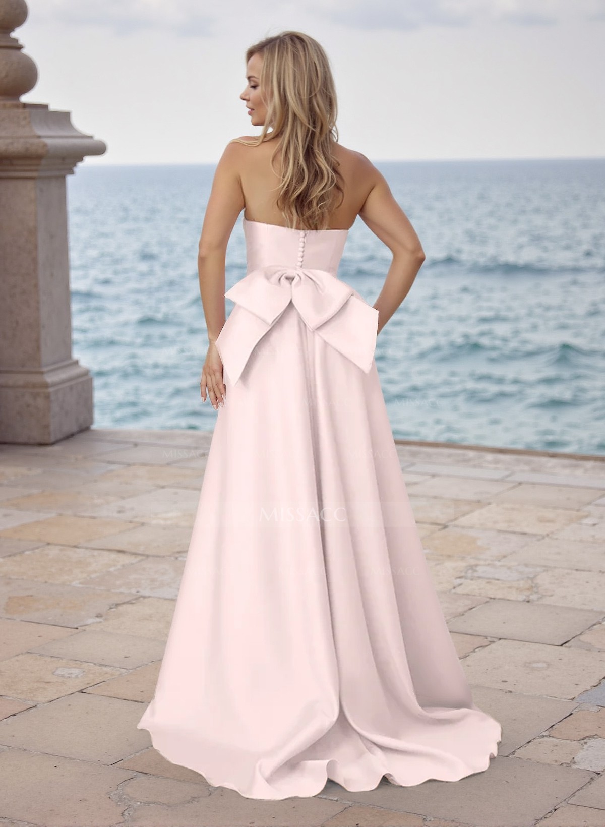 A-Line Strapless Sleeveless Sweep Train Satin Bridesmaid Dresses With Bow(s)/Pockets