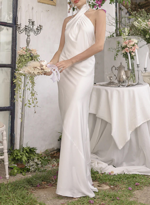 Sheath/Column Halter Sleeveless Floor-Length Silk Like Satin Bridesmaid Dresses