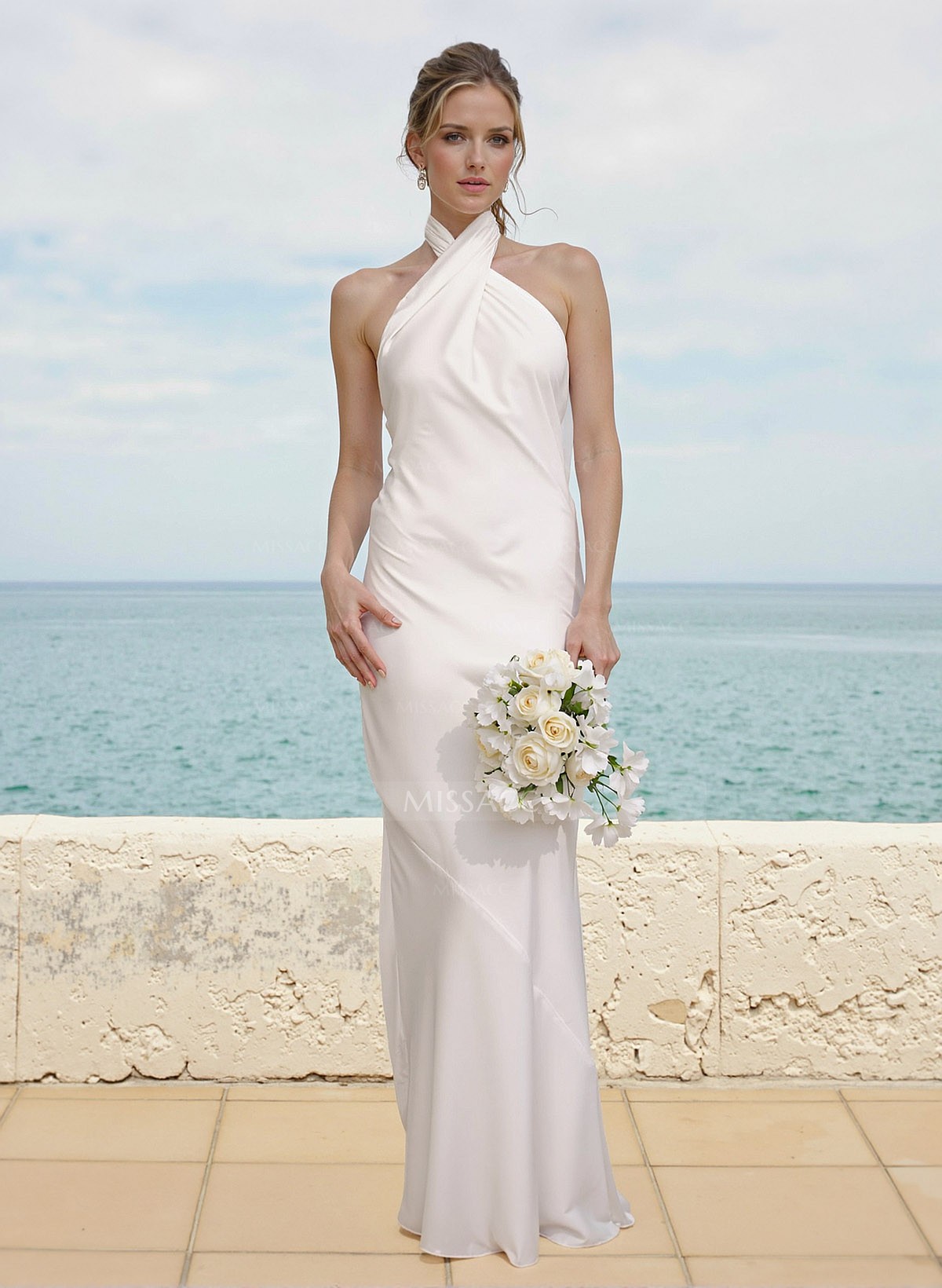 Sheath/Column Halter Sleeveless Floor-Length Silk Like Satin Bridesmaid Dresses