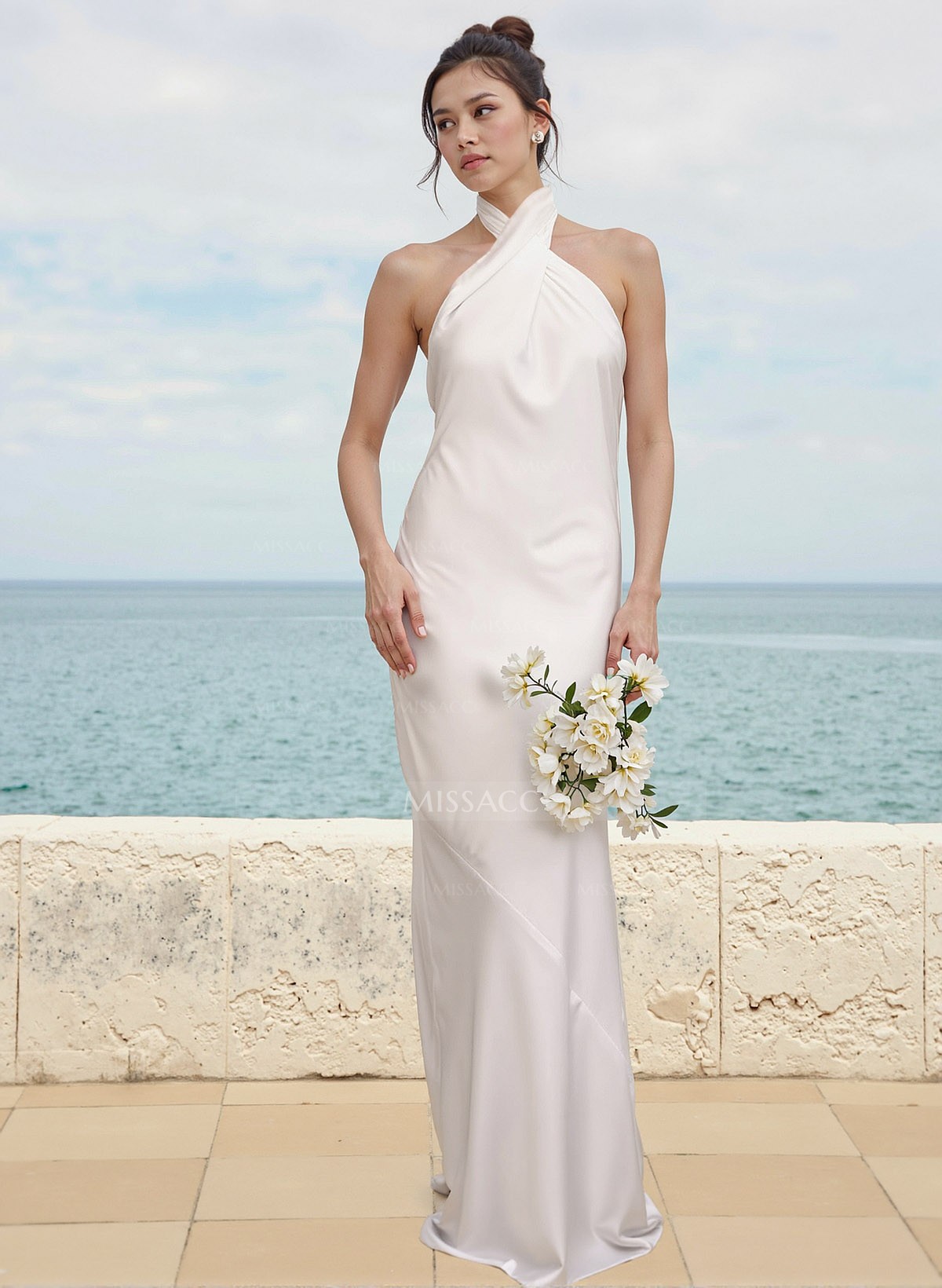 Sheath/Column Halter Sleeveless Floor-Length Silk Like Satin Bridesmaid Dresses