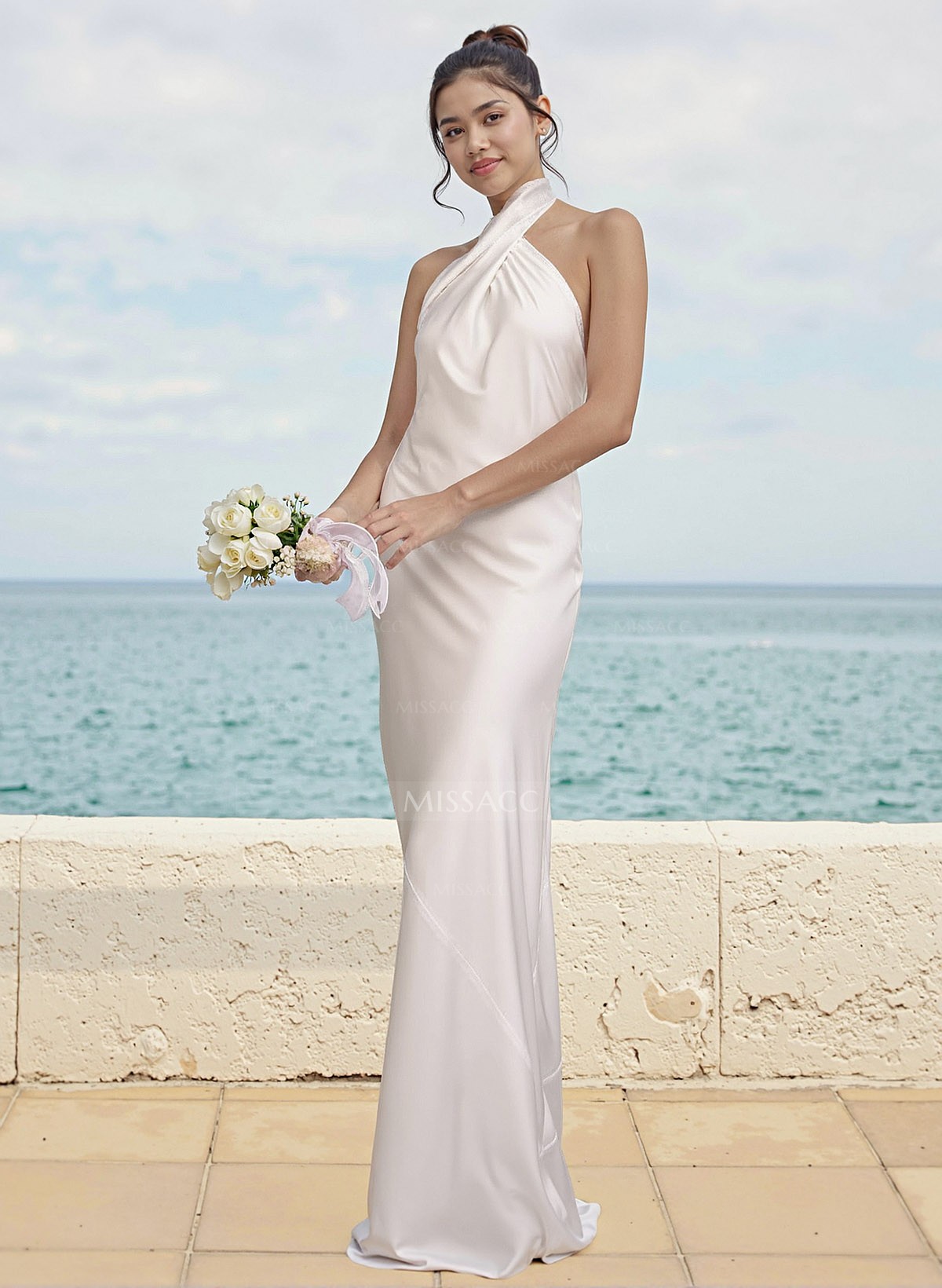 Sheath/Column Halter Sleeveless Floor-Length Silk Like Satin Bridesmaid Dresses