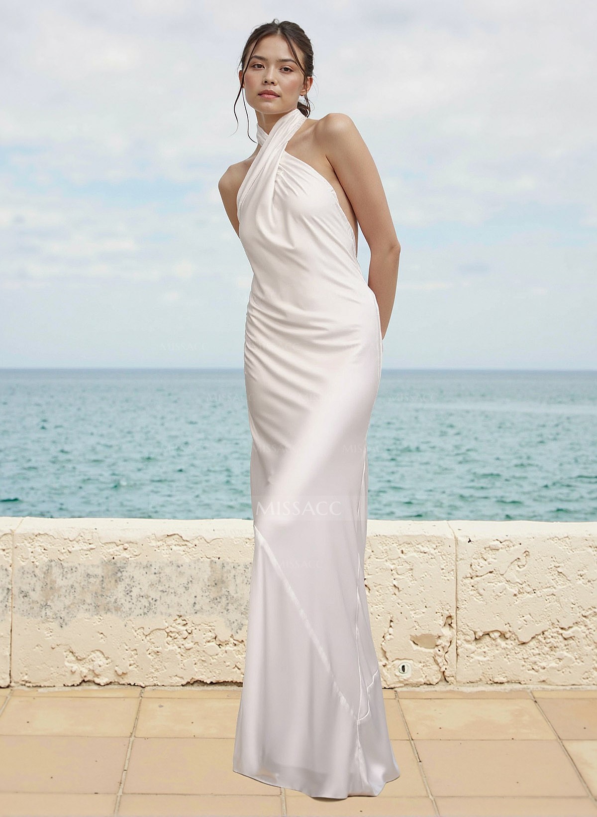 Sheath/Column Halter Sleeveless Floor-Length Silk Like Satin Bridesmaid Dresses