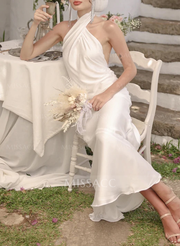 Sheath/Column Halter Sleeveless Floor-Length Silk Like Satin Bridesmaid Dresses