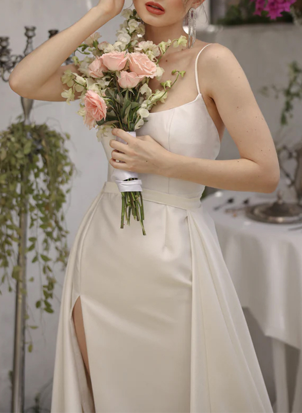 A-Line Square Neckline Sleeveless Satin Bridesmaid Dresses With High Split