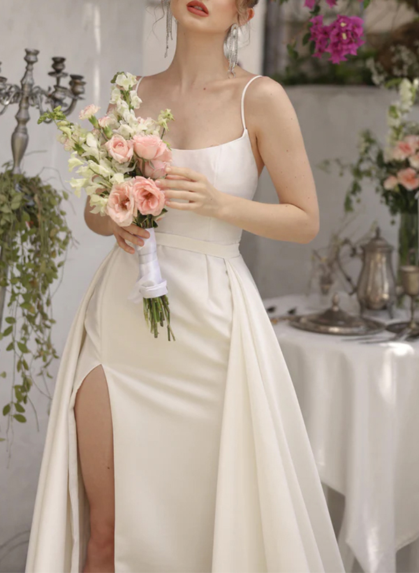 A-Line Square Neckline Sleeveless Satin Bridesmaid Dresses With High Split