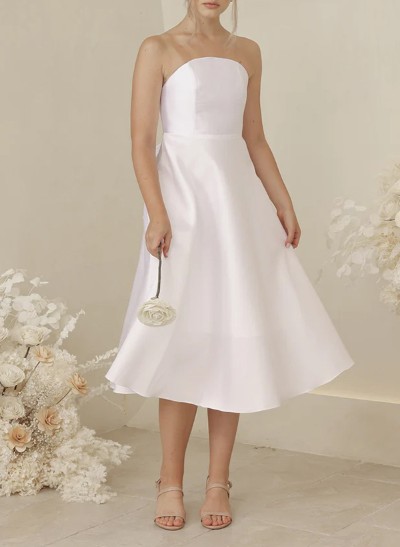 A-Line Strapless Sleeveless Tea-Length Satin Bridesmaid Dresses With Bow(s)/Pockets
