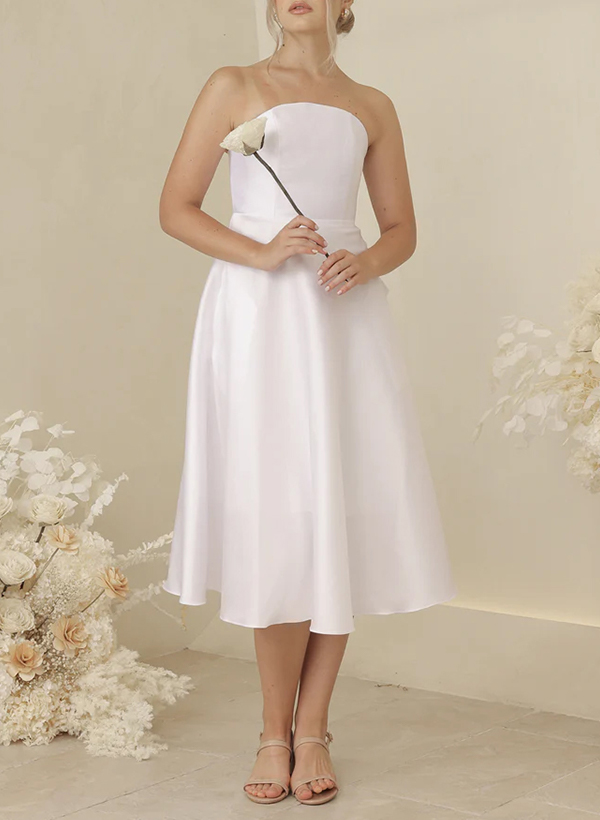 A-Line Strapless Sleeveless Tea-Length Satin Bridesmaid Dresses With Bow(s)/Pockets