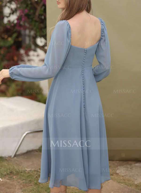 A-Line Square Neckline Long Sleeves Tea-Length Chiffon Bridesmaid Dresses