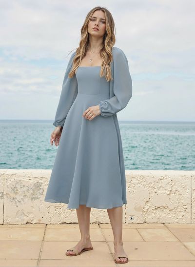 A-Line Square Neckline Long Sleeves Tea-Length Chiffon Bridesmaid Dresses