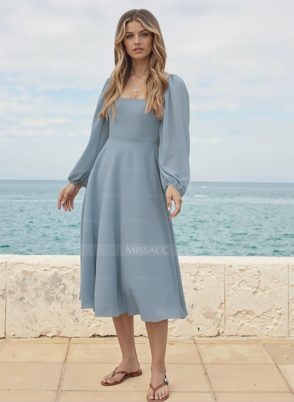 A-Line Square Neckline Long Sleeves Tea-Length Chiffon Bridesmaid Dresses