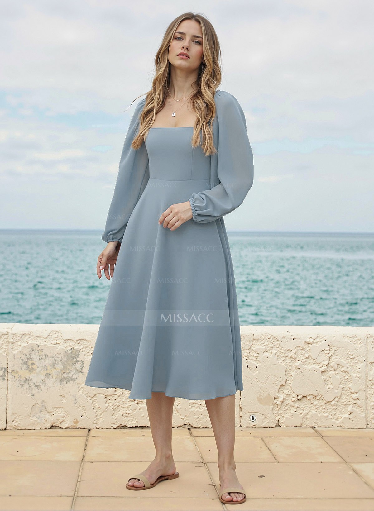 A-Line Square Neckline Long Sleeves Tea-Length Chiffon Bridesmaid Dresses