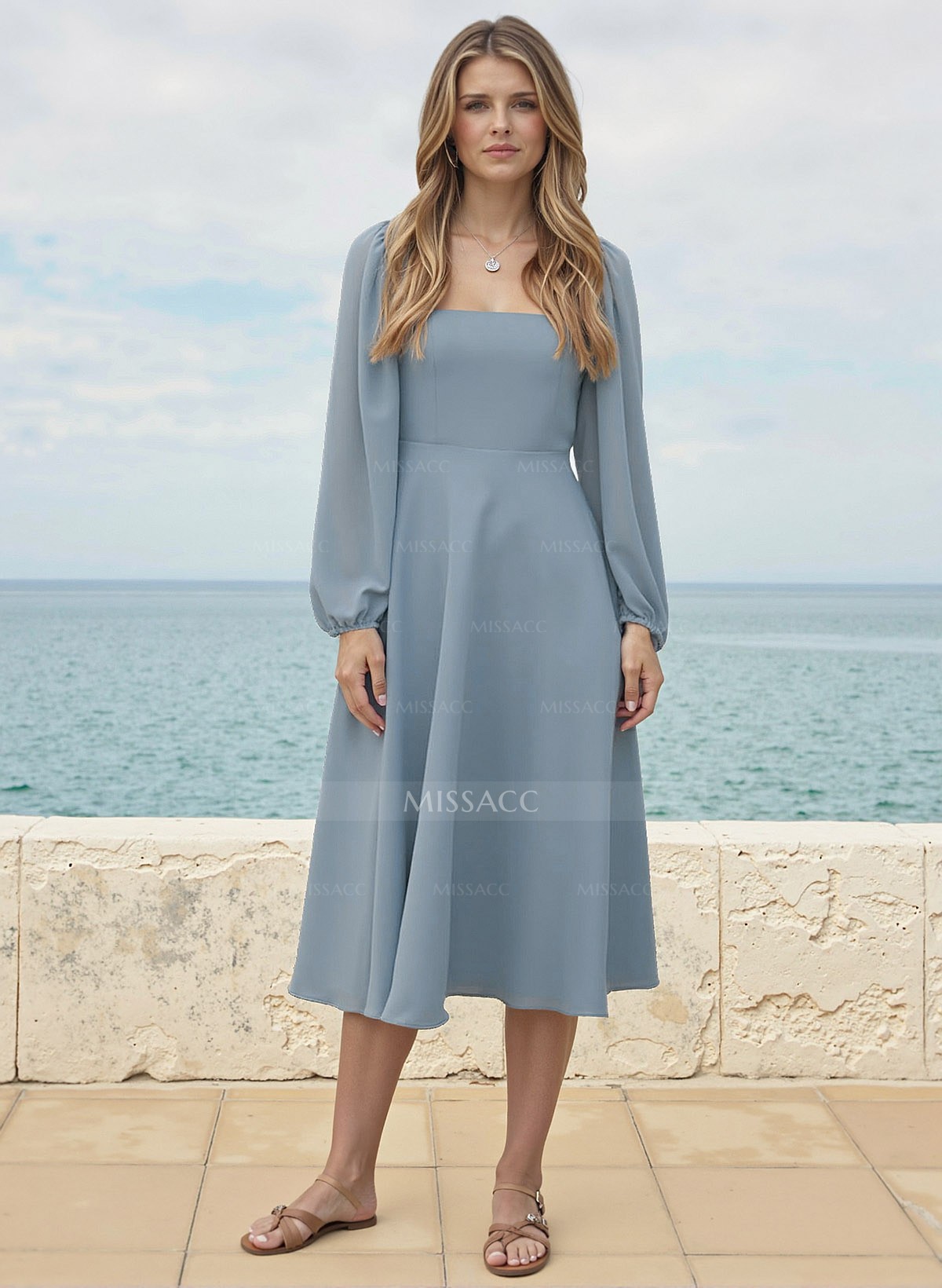 A-Line Square Neckline Long Sleeves Tea-Length Chiffon Bridesmaid Dresses