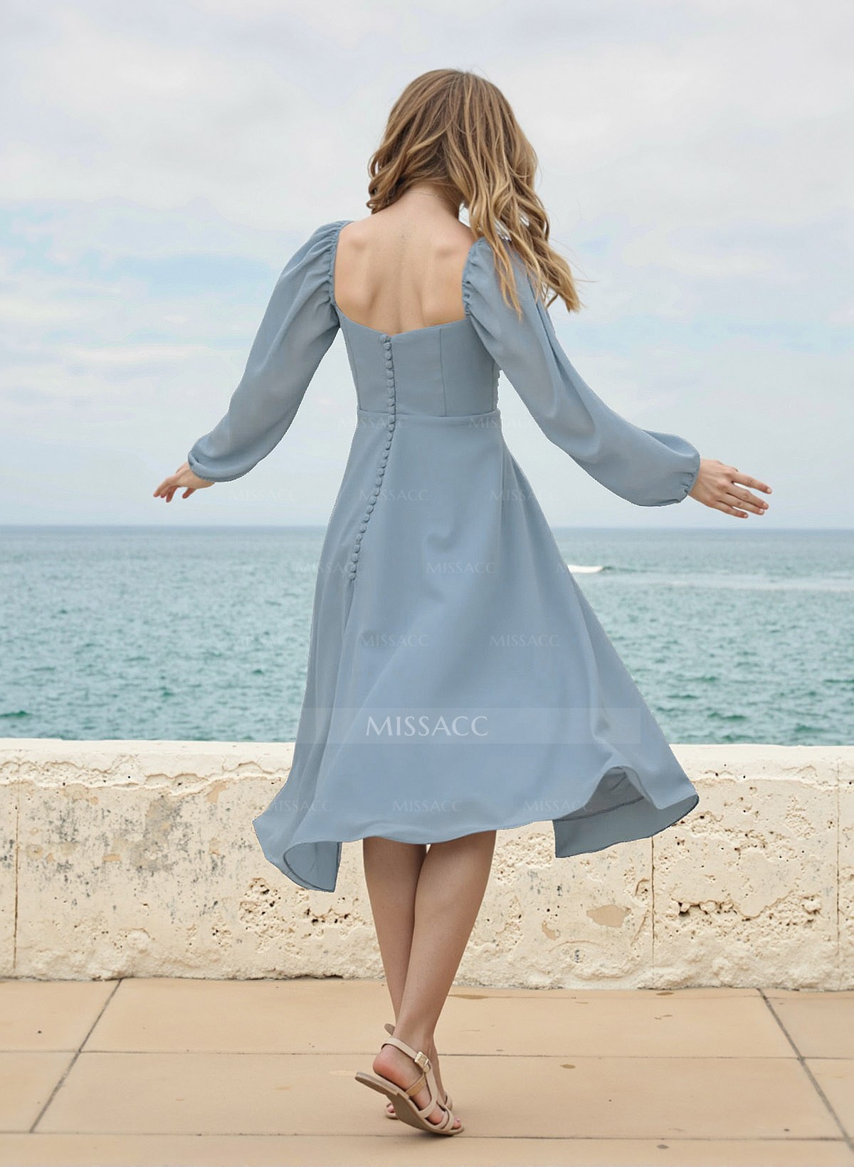 A-Line Square Neckline Long Sleeves Tea-Length Chiffon Bridesmaid Dresses