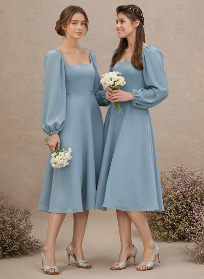 A-Line Square Neckline Long Sleeves Tea-Length Chiffon Bridesmaid Dresses