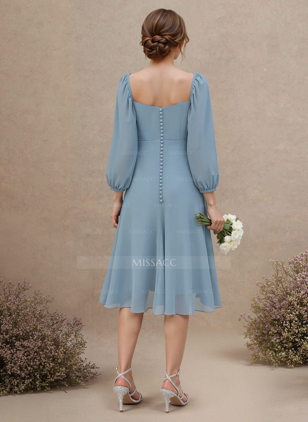 A-Line Square Neckline Long Sleeves Tea-Length Chiffon Bridesmaid Dresses