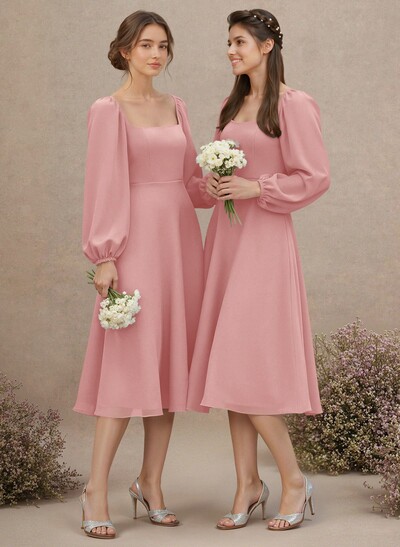 A-Line Square Neckline Long Sleeves Tea-Length Chiffon Bridesmaid Dresses